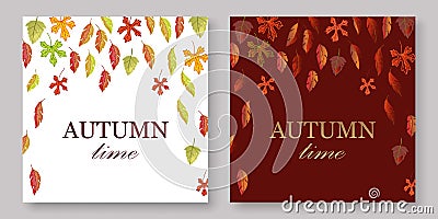 Autumn leaves banners set with white and burgundy fall background vector illustration. Yellow, orange, green, brouchure Vector Illustration