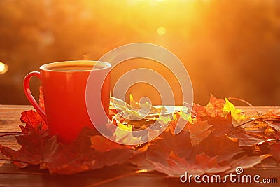 Autumn leaves and coffee cup Stock Photo