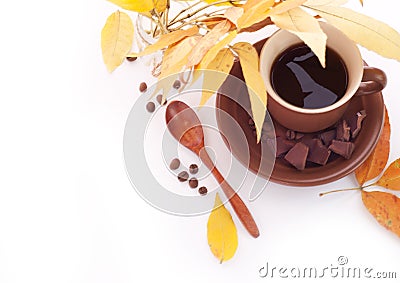 Autumn leaves and cup of coffee, breakfast background Stock Photo