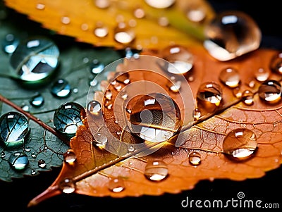 Autumn leaves with drop of dew, close up macro detailed background. Falling leaves natural backdrop Stock Photo