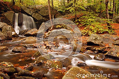 Autumn leaves fall around a babbling brook and waterfall Stock Photo