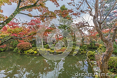 Autumn leaves, Fall foliage and colorful reflections at Enmei-in temple Pond. Kyoto, Japan. Editorial Stock Photo