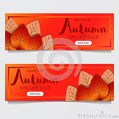 Autumn leaves fall with red orange background. sale offer template. poster template. banner template. vector illustration Vector Illustration