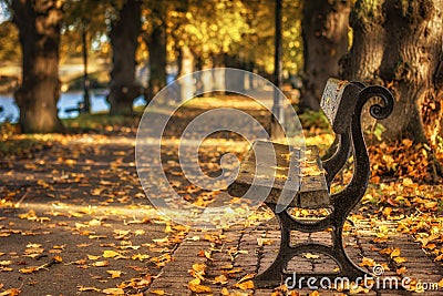 Autumn leaves falling on a bench in a park in Evesham worcestershire Stock Photo