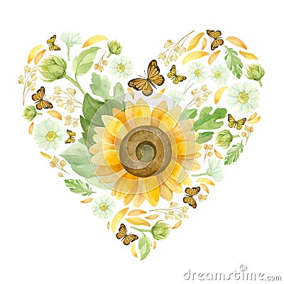 Heart with sunflowers, white roses and butterflies. Template for a wedding invitation, Stock Photo