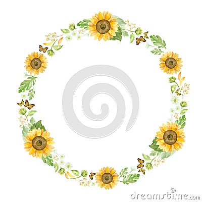 Wreath with sunflowers, white roses and butterflies. Template for a wedding invitation Stock Photo