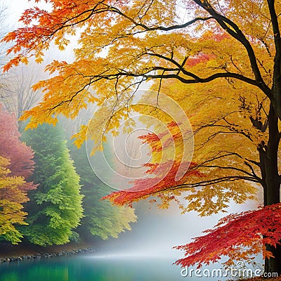 Autumn leaves flying in ther in a foggy Cartoon Illustration