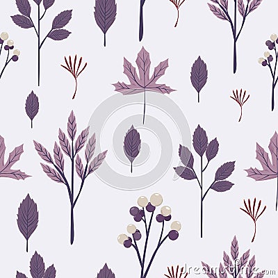 Autumn leaves seamless pattern in Purple toned. Freehand drawing style Vector Illustration