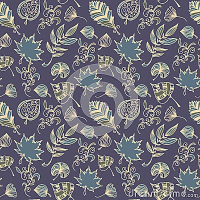 Autumn leaves vector seamless pattern. Botanic background in colors of blue and beige Vector Illustration