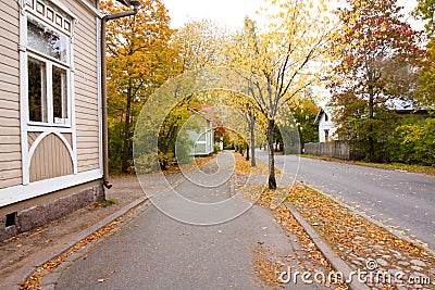 Autumn leaves on walkway in old museum district of Kouvola, Finland Editorial Stock Photo