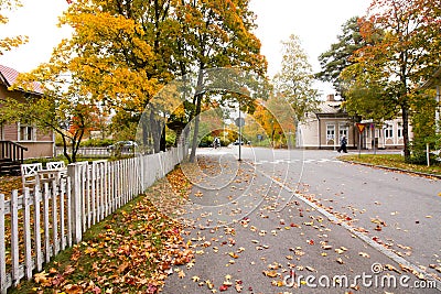 Autumn leaves on walkway in old museum district of Kouvola, Finland Editorial Stock Photo