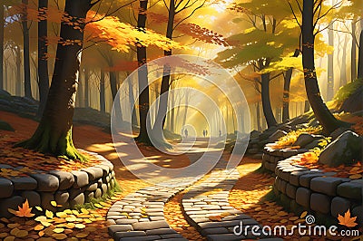 Autumn Leaves Whirling in a Gentle Breeze: Scattered Across a Cobblestone Path That Meanders Through Nature's Tapestry Stock Photo