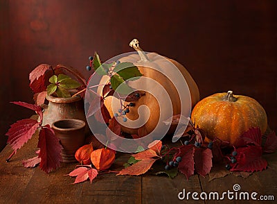 Autumn leaves , wild berries, physalis and a pumpkins Stock Photo