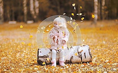 Autumn lifestyle photo child throws up the leaves and having fun Stock Photo
