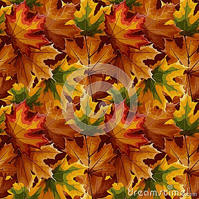 Autumn maple laves in different autumnal green, yellow, orange, red, brown colors seamless pattern on brown background. Cartoon Illustration