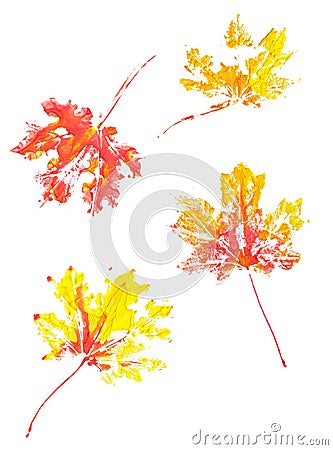 Autumn maple leaves imprint watercolor Stock Photo