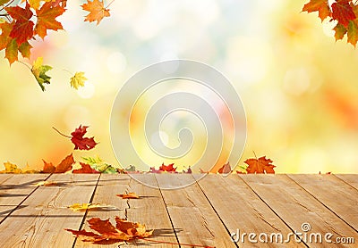 Autumn maple leaves on wooden table. Stock Photo