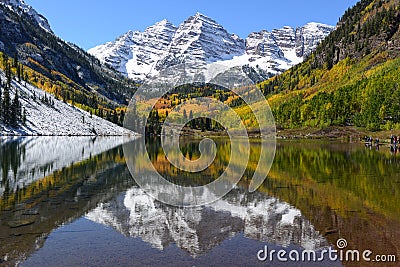 Autumn Maroon Bells and Lake - Horizontal Stock Photo