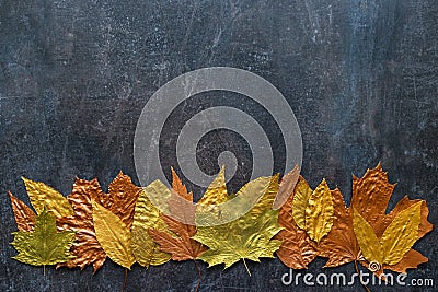 Autumn metallic gold copper leaf frame. Different fall metallic Stock Photo