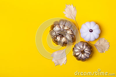 Autumn Minimalistic Background with Decorative Pumpkins and Golden Leaves Stock Photo