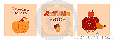 Autumn mood greeting card poster template. Minimalist postcard nature acorn, pumpkin and hedgehog with apple. Vector Illustration