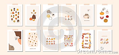 Autumn mood greeting card poster template set welcome fall season Vector Illustration