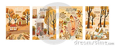 Autumn mood hand drawn poster templates set. Fall season nature flat vector illustrations. People enjoying cozy pastime Vector Illustration