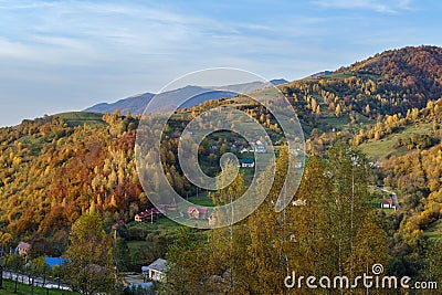 Autumn morning Carpathian Mountains calm picturesque scene, Ukraine. Peaceful traveling, seasonal, nature and countryside beauty Stock Photo