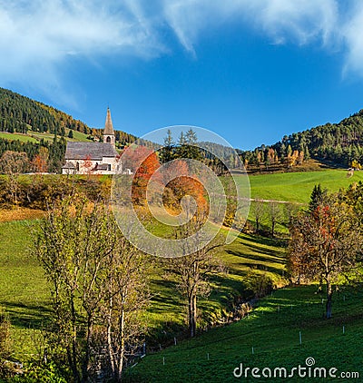 Autumn morning Santa Magdalena famous Italy Dolomites mountain village environs view Stock Photo