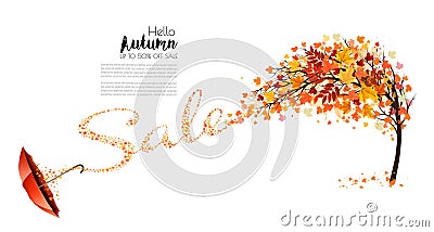 Autumn natural background with tree and falling colourful leaves gathered in the shape of the word sale. Autumn sale. Vector Vector Illustration