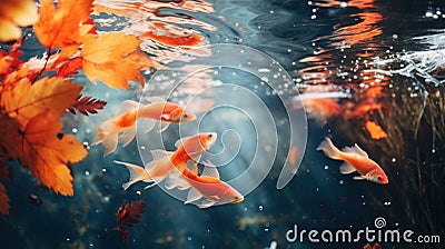 Autumn natural background, web banner. Autumn bright yellow orange red fallen leaves and goldfish, red fish under water. Autumn Stock Photo