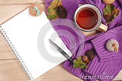 Flat lay autumn notebook with fountain pen, purple sweater, metal tea mug with oak leaves, pine cones, knitted pumpkins Stock Photo