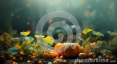 Autumn natural garden background, warm seasonal colors, fresh mixed pumpkins and green foliage Stock Photo