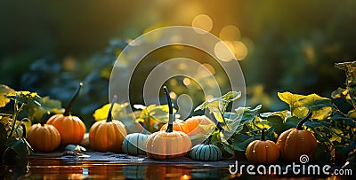 Autumn natural garden background, warm seasonal colors, fresh mixed pumpkins and green foliage Stock Photo