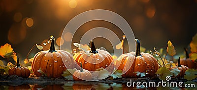 Autumn natural garden background, warm seasonal colors, fresh mixed pumpkins and green foliage Stock Photo