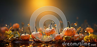 Autumn natural garden background, warm seasonal colors, fresh mixed pumpkins and green foliage Stock Photo