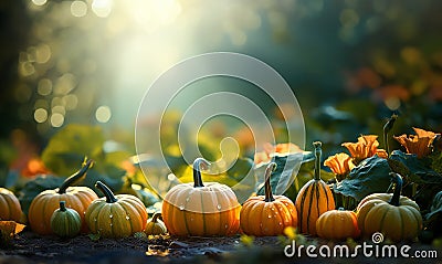 Autumn natural garden background, warm seasonal colors, fresh mixed pumpkins, green foliage and orange flowers Stock Photo