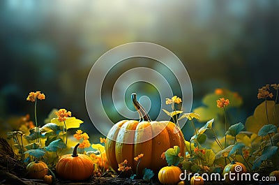 Autumn natural garden background, warm seasonal colors, fresh mixed pumpkins, green foliage and orange flowers Stock Photo