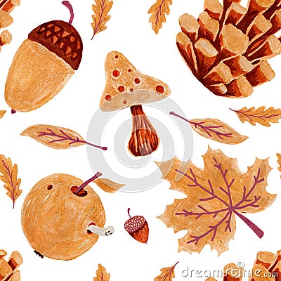Autumn nature seamless pattern. Hand drawn texture with, yellow and orange tree leaves, acorn and cone on white Stock Photo