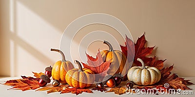 Autumn objects arranged on light surface for creative display copy space image. Stock Photo