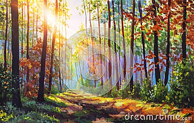 Autumn oil painting. Autumn forest with sunlight. Path in forest through trees with vivid colorful leaves. Stock Photo