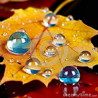 Autumn orange leaf adorned with delicate water droplets. Stock Photo