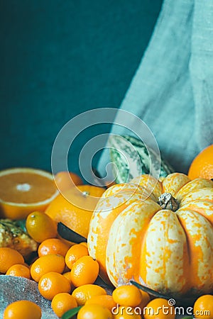 Autumn Orange Vegetables and Fruits, Beautiful Nature Background, Toned Picture, Free Space for Text Stock Photo