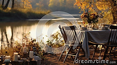 Autumn outdoor dinner table on a riverbank, with a simple wooden table and folding chairs Stock Photo