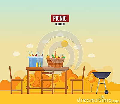 Autumn outdoor picnic. Wooden furniture basket full of food drinks at fall scenery with inscription Vector Illustration