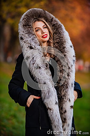 Autumn outfit collection. female winter apparel. glamour woman wear faux fur coat. real fur jacket. different types of Stock Photo