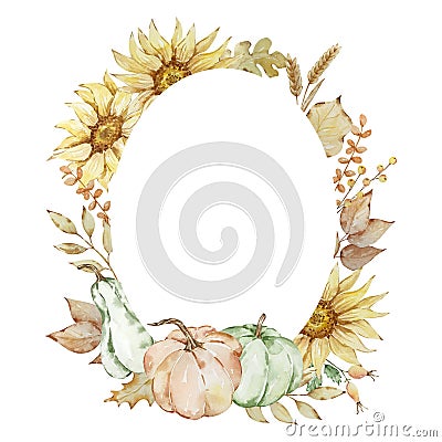 Autumn oval frame made of watercolor pumpkins and sunflowers Vector Illustration