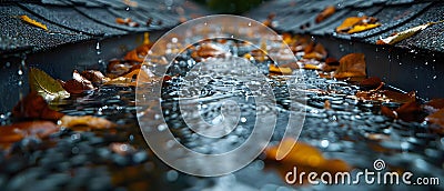Autumn Overflow: Gutter Engulfed by Rain & Leaves. Concept Autumn, Rain, Gutter, Leaves, Overflow Stock Photo