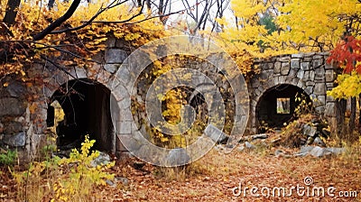 Autumn overgrowth covering fort ruins Stock Photo