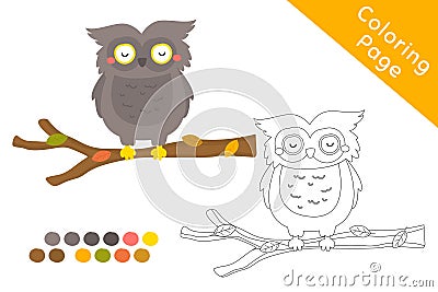 Autumn Owl Perching on a Tree Branch Coloring Page Vector Vector Illustration
